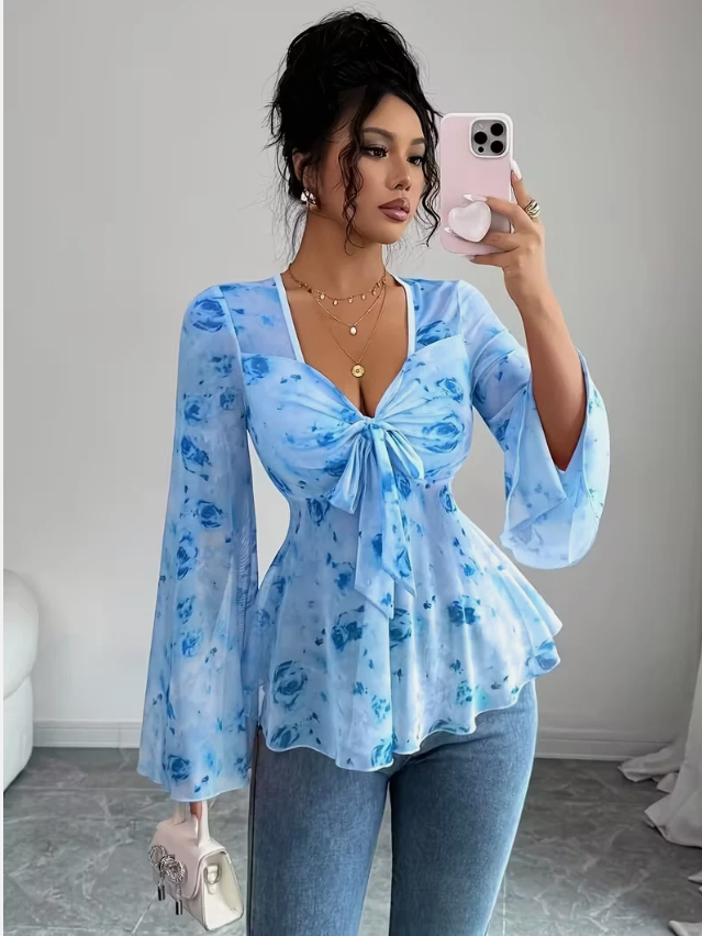 Floral Mesh Flared Sleeve Bow Neck Casual Elegant Tee