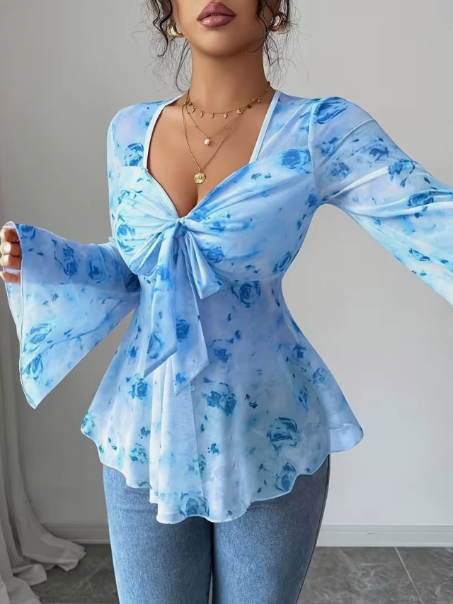 Floral Mesh Flared Sleeve Bow Neck Casual Elegant Tee