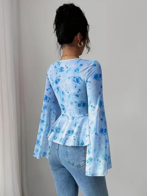 Floral Mesh Flared Sleeve Bow Neck Casual Elegant Tee