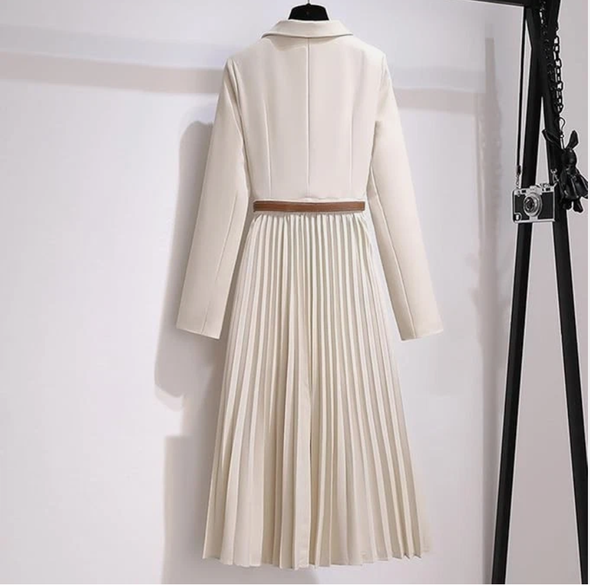 Women's Elegant V Neck Long Dress Long Sleeve Lapel Pleated Casual Blazer Dress