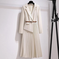 Women's Elegant V Neck Long Dress Long Sleeve Lapel Pleated Casual Blazer Dress