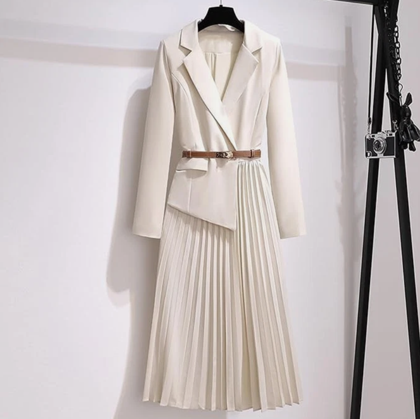 Women's Elegant V Neck Long Dress Long Sleeve Lapel Pleated Casual Blazer Dress
